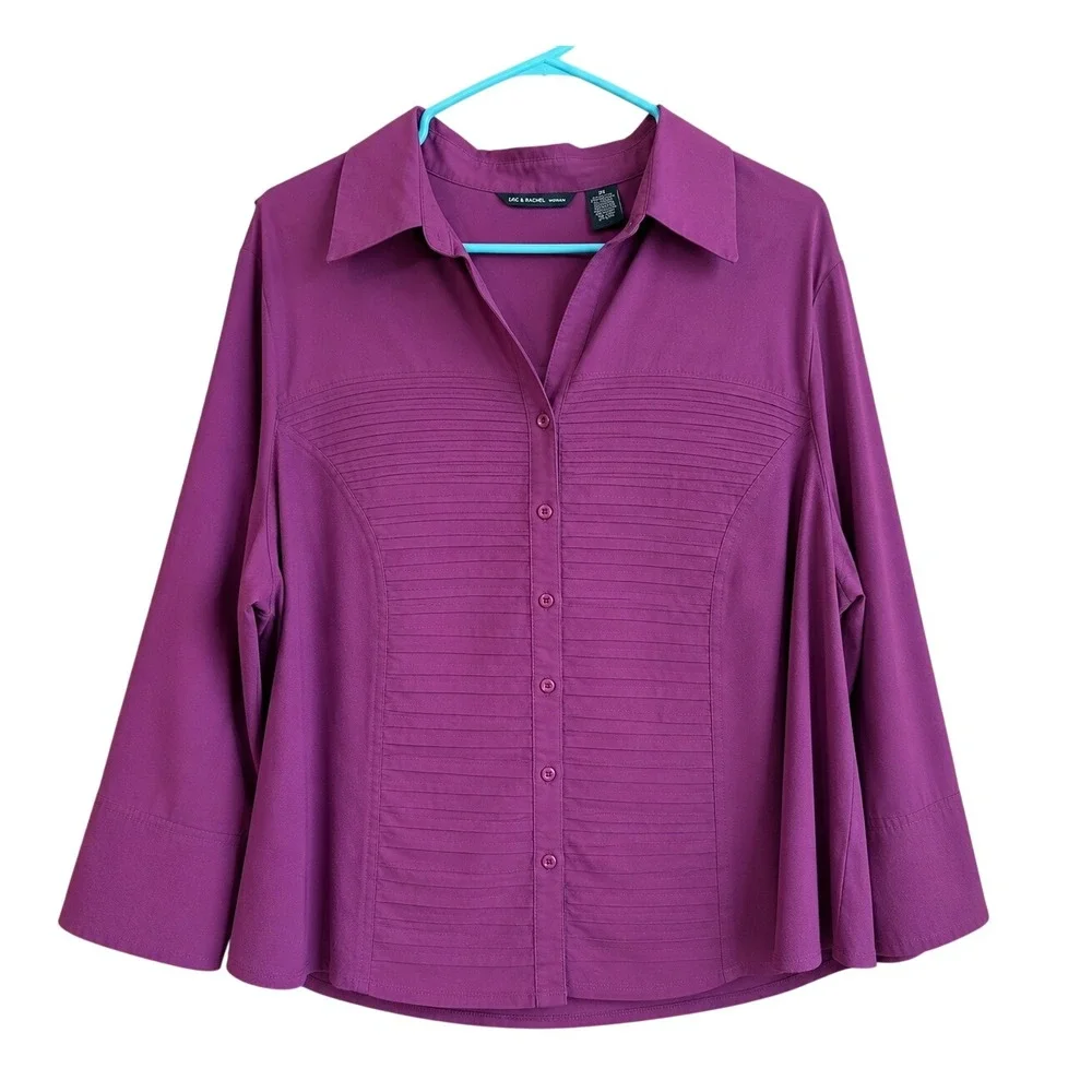 Zac & Rachel Woman Maroon Pintuck Button Down 3/4 Sleeve Blouse Top 3X - Picture 2 of 8